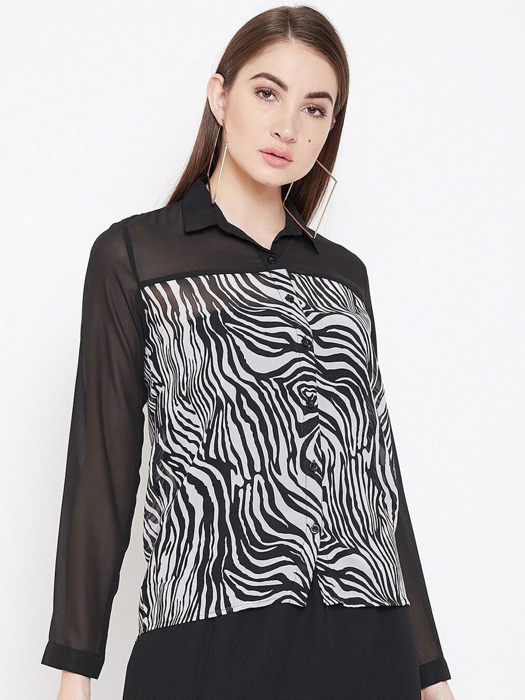 PURYS Women Black Zebra Stripes Sheer Printed Casual Shirt
