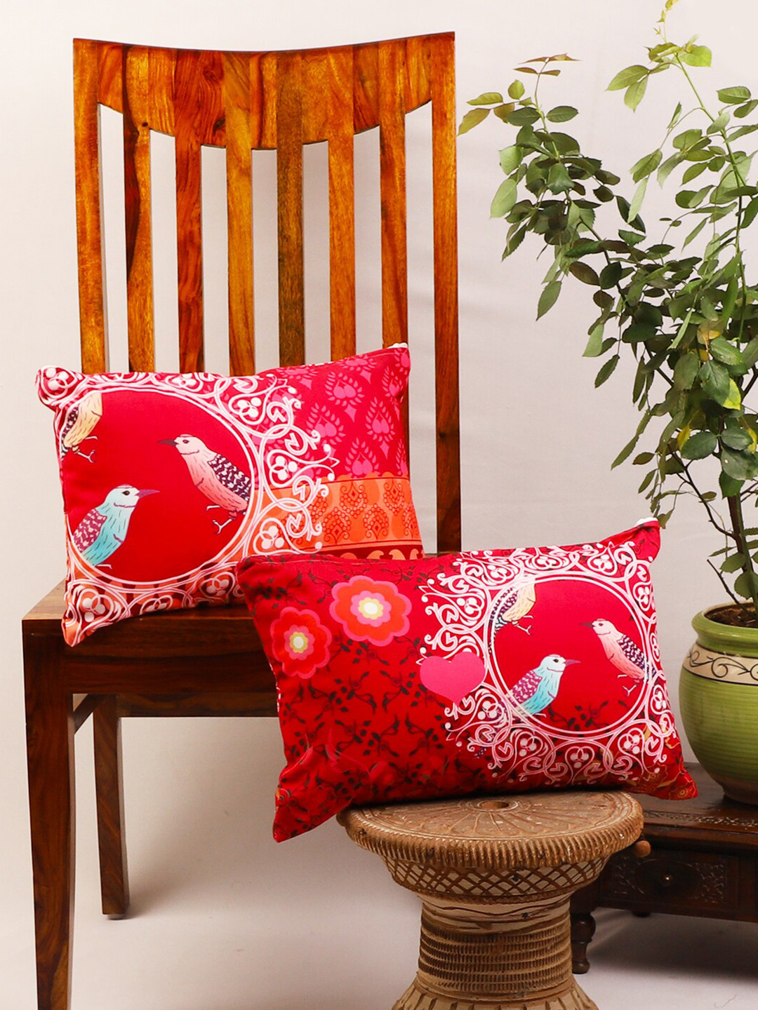 STITCHNEST Wine Bird Ethnic Motifs Polycotton Breathable 2 Pcs Cushion Covers - 12x18In