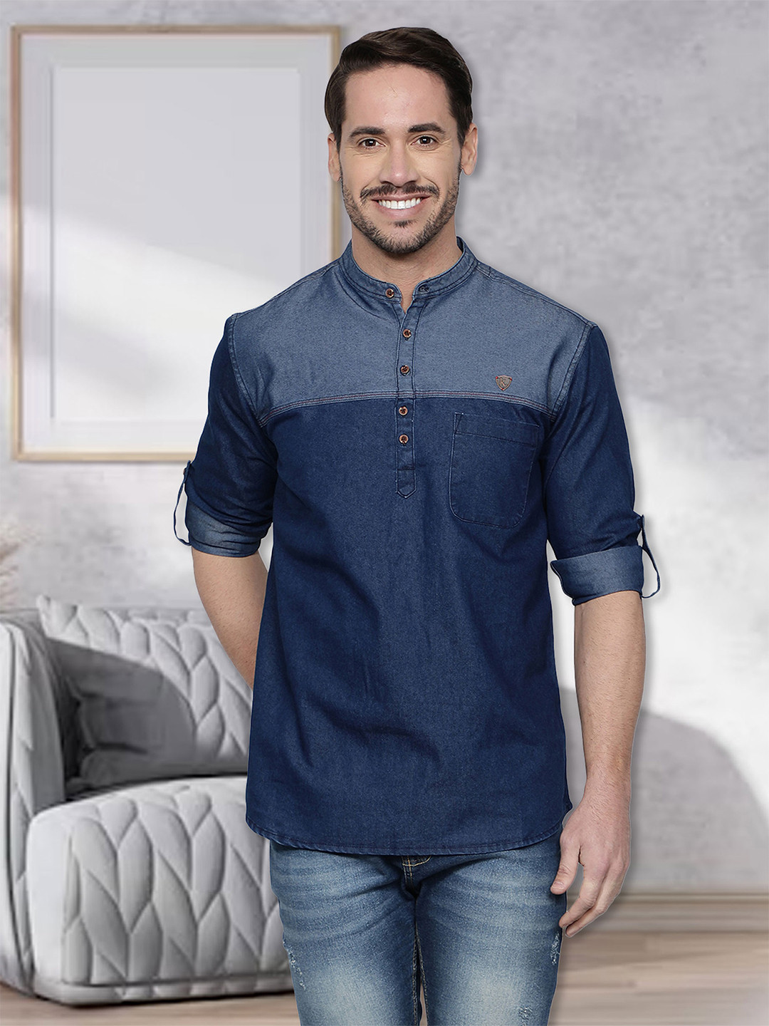 Kuons Avenue Men Blue Indigo Denim Short Kurta