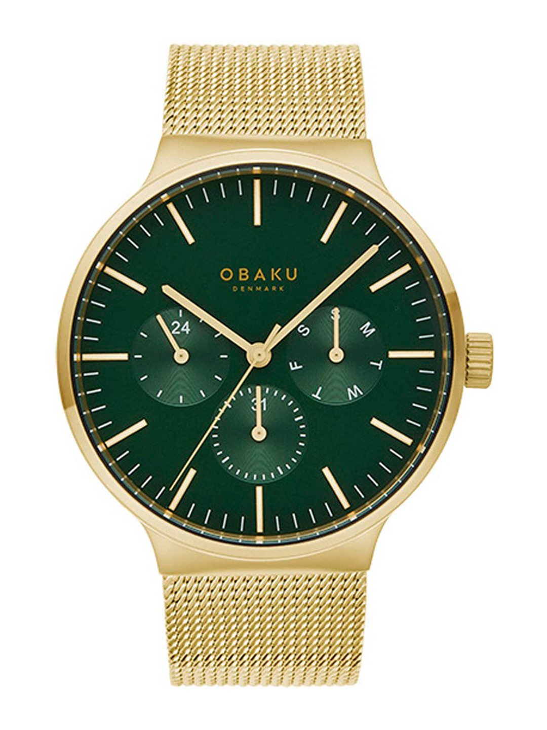 Obaku Men Green Brass Dial & Gold Toned Stainless Steel Bracelet Style Straps Analogue Watch V229GMGEMG