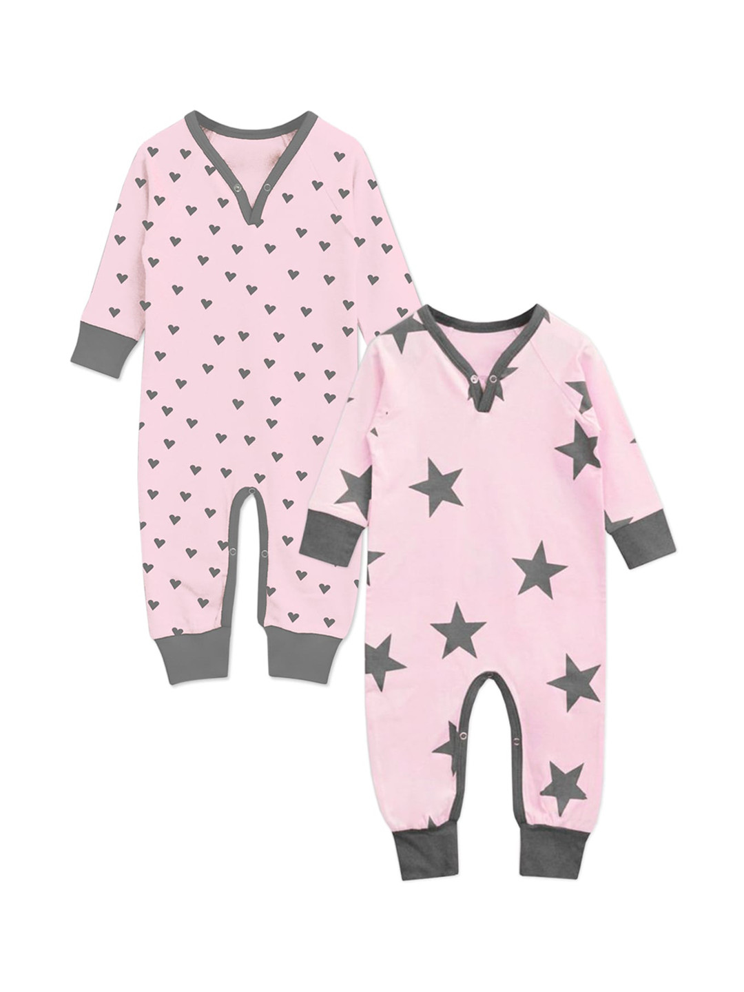 A.T.U.N. Infant Kids Pack Of 2 Pink & Charcoal Grey Printed Pure Cotton Rompers
