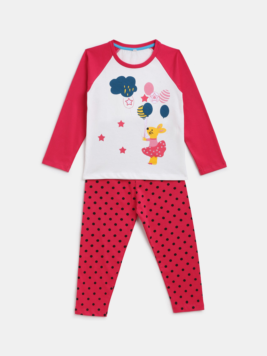 YK Girls Red & White Printed Night suit