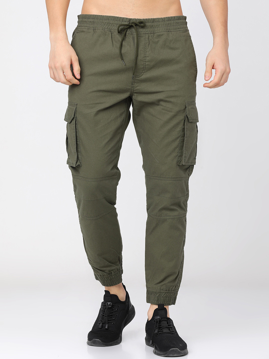 HIGHLANDER Men Olive Green Slim Fit Cotton Jogger Trousers