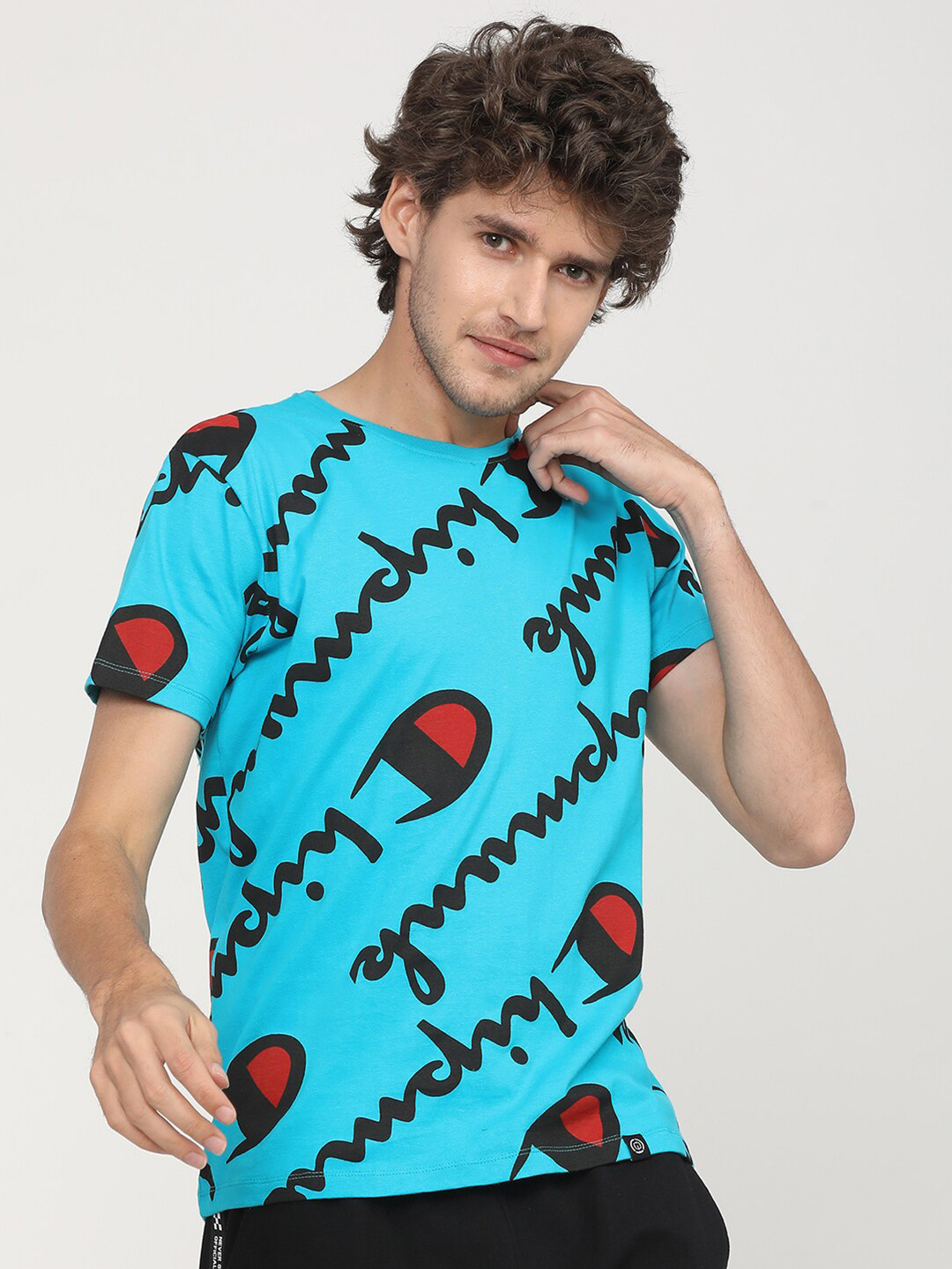 LOCOMOTIVE Men Blue & Black Printed Slim Fit Cotton T-shirt