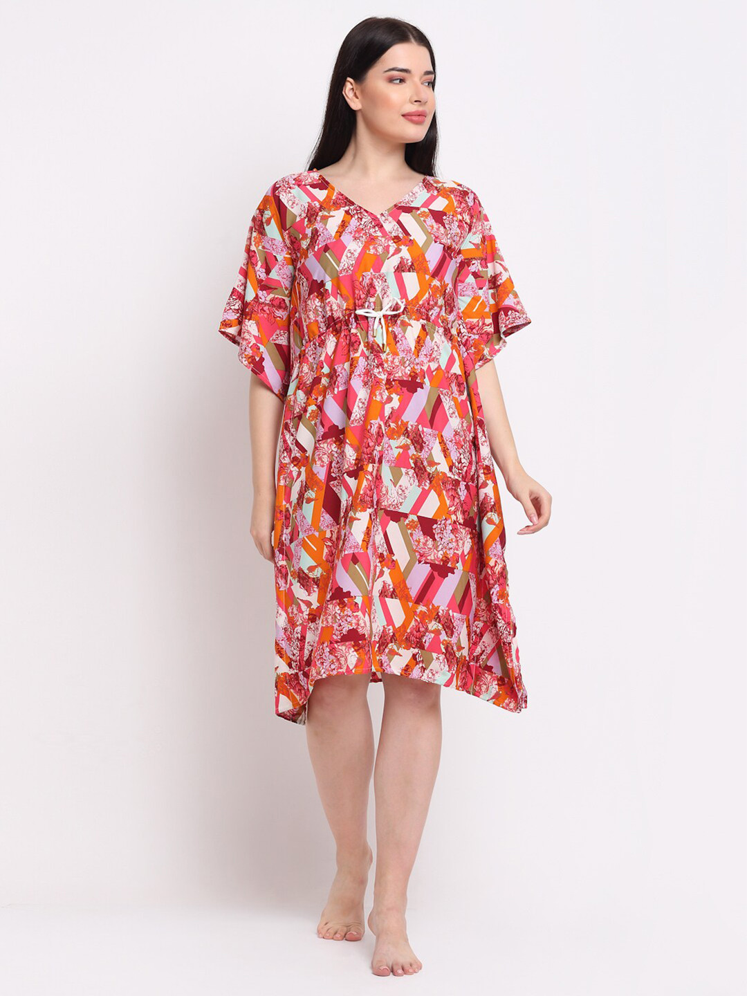 Aoba Pink & White Printed Kaftan Nightdress