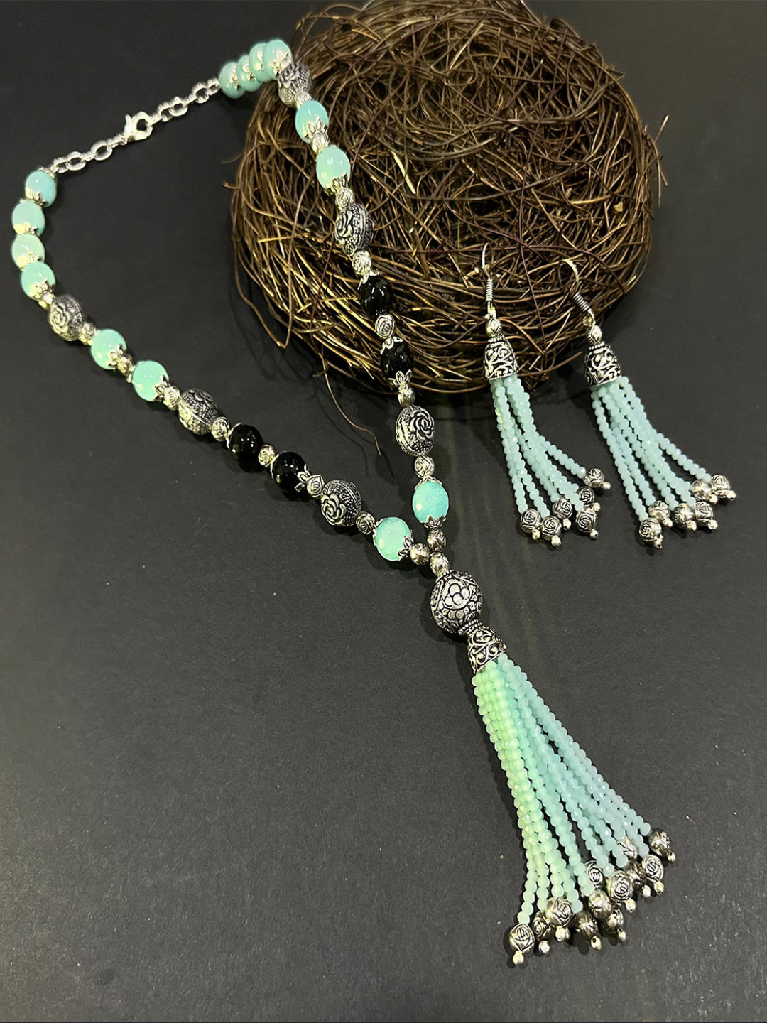 ASMITTA JEWELLERY Turquoise Blue & Silver Toned Necklace Set