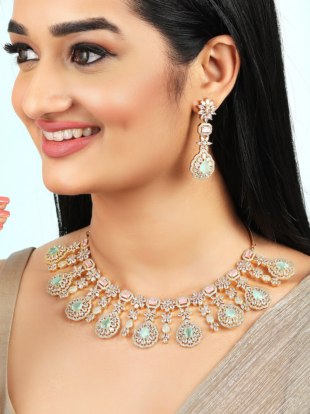 Rubans 22K Gold-Plated Mint Green & Pink Cubic Zirconia Studed Luxe Statement Necklace Set
