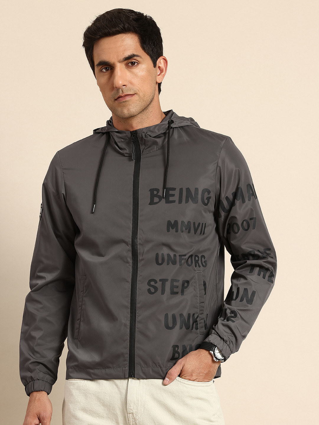 Being Human Typography Printed Open Front Hooded Jacket
