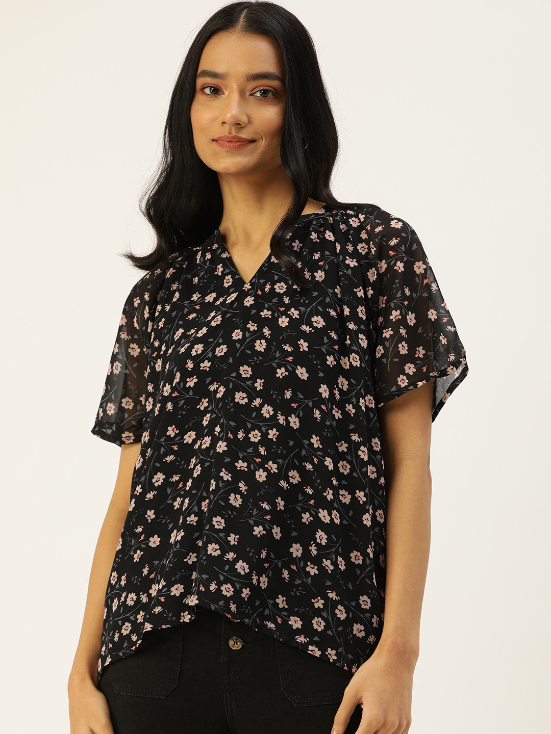 Flying Machine Black Floral Regular Top