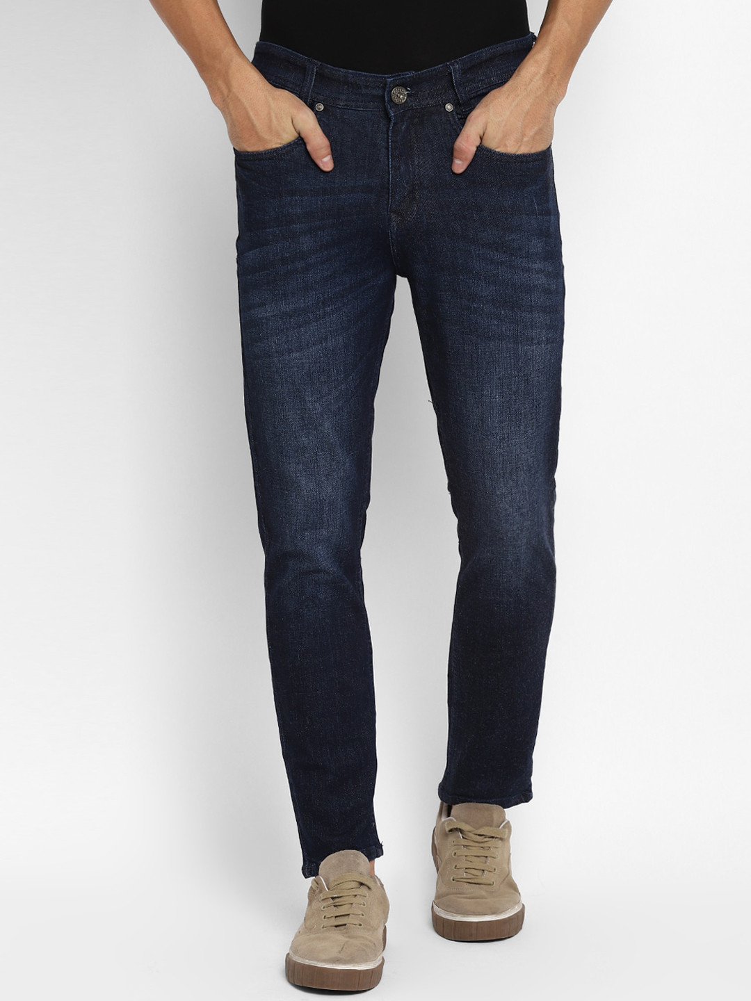 Routeen Men Blue Slim Fit Low Distress Light Fade Stretchable Jeans