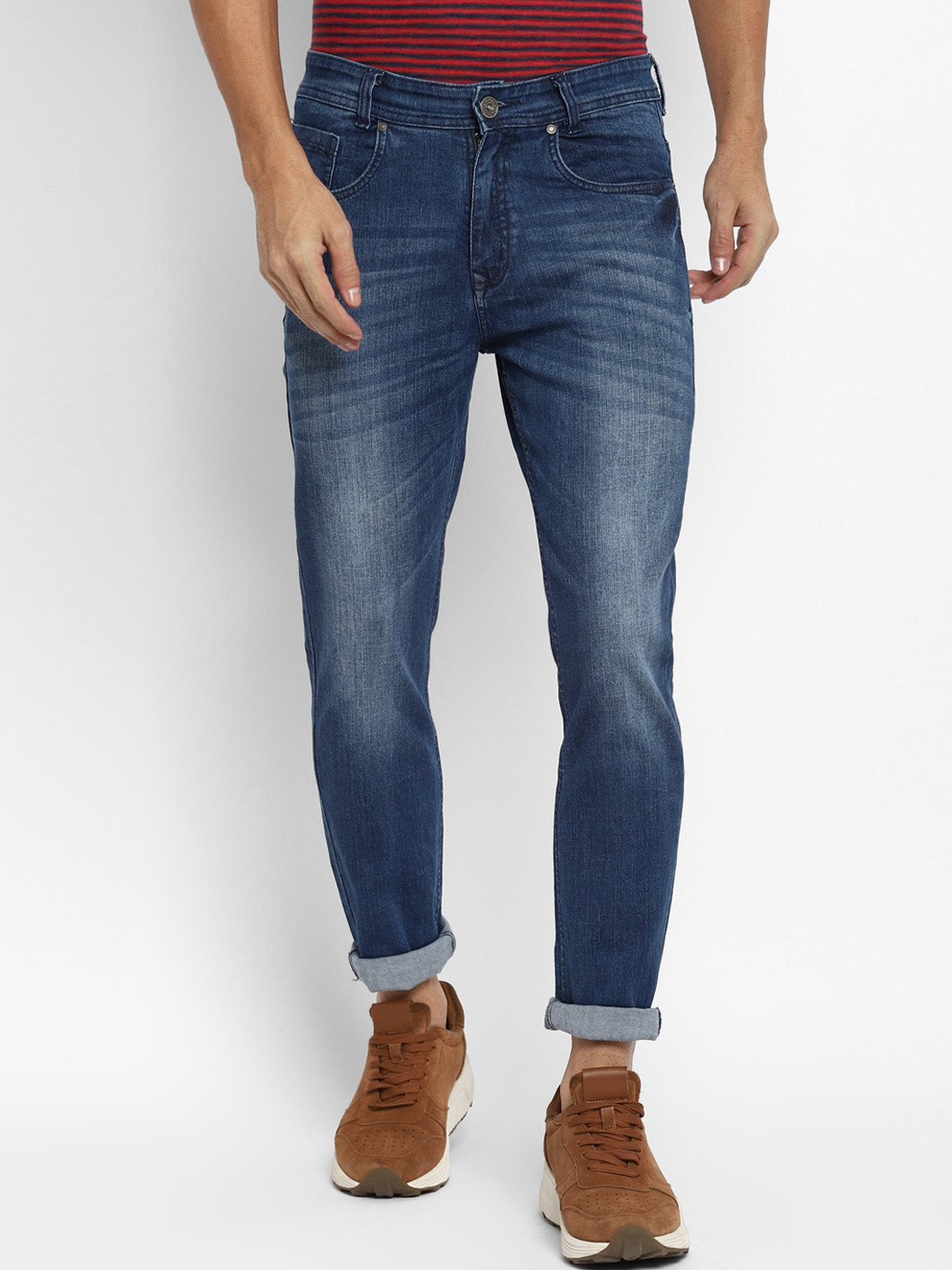 Routeen Men Blue Tapered Fit Light Fade Cotton Stretchable Jeans