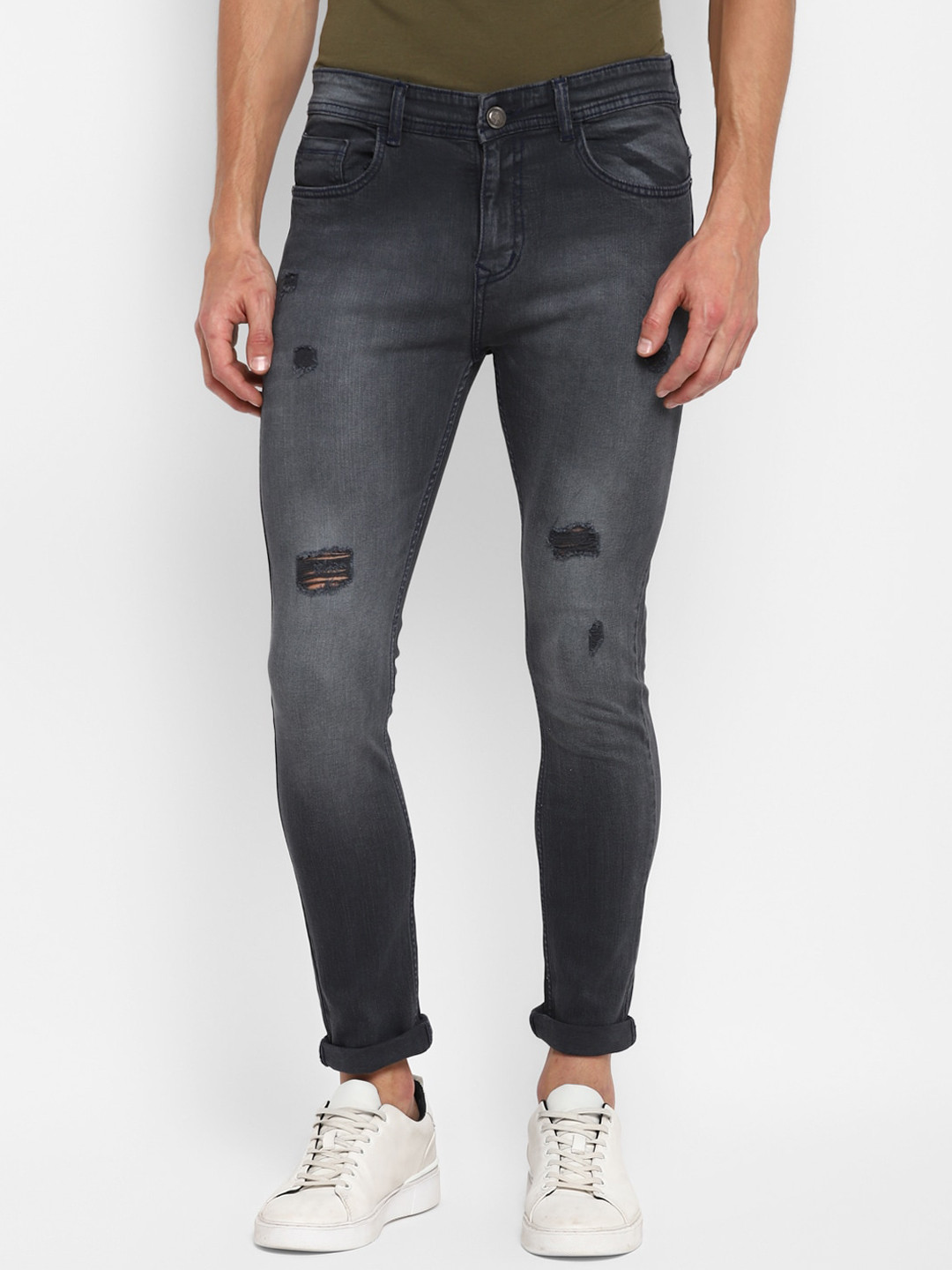 Routeen Men Grey Slim Fit Mildly Distressed Heavy Fade Stretchable Jeans