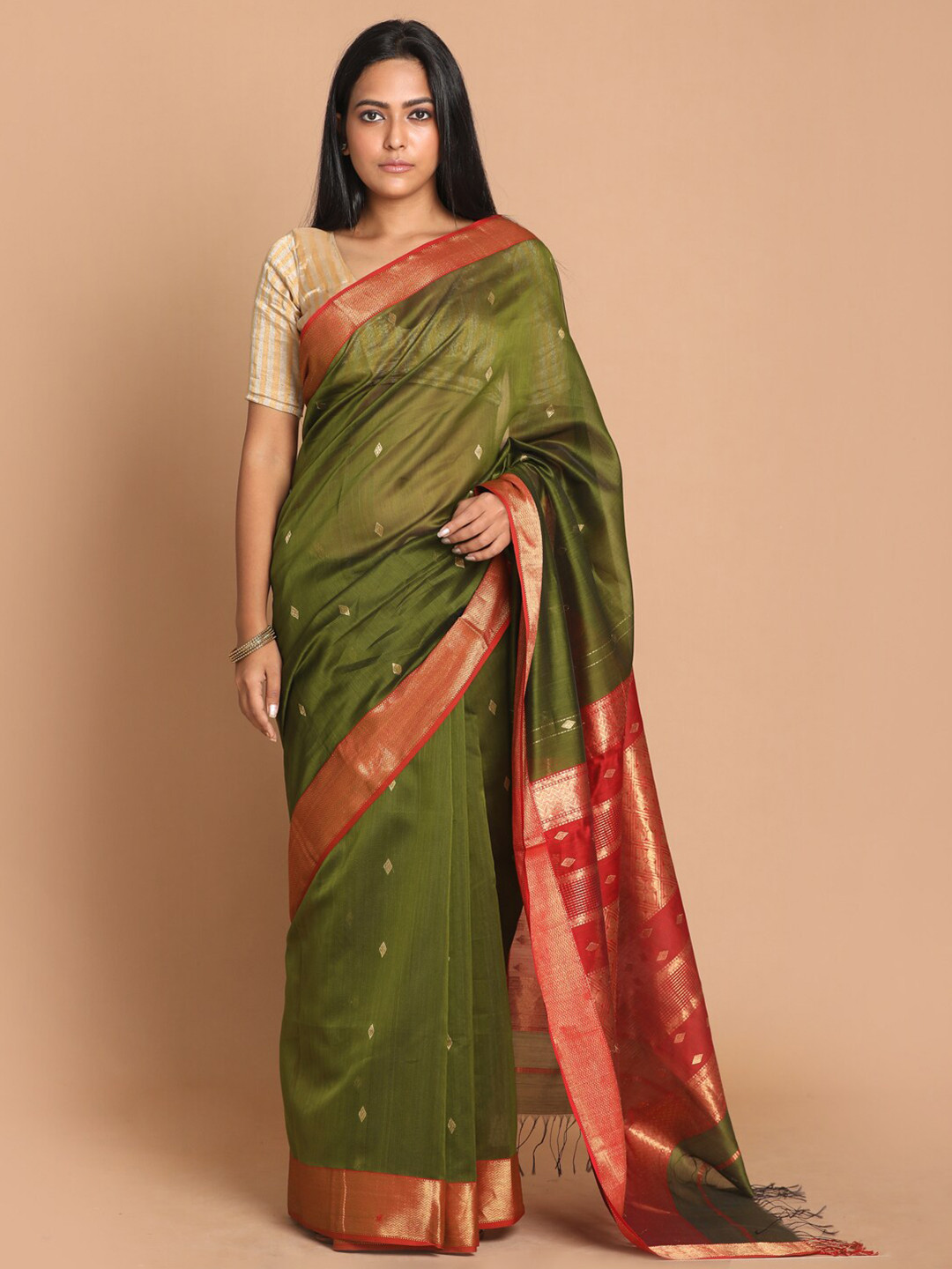 Indethnic Olive Green & Red Woven Design Zari Silk Cotton Maheshwari Saree