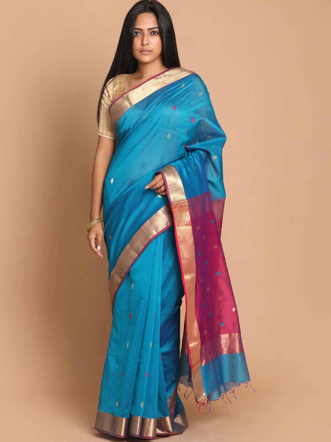 Indethnic Blue & Pink Woven Design Zari Silk Cotton Maheshwari Saree