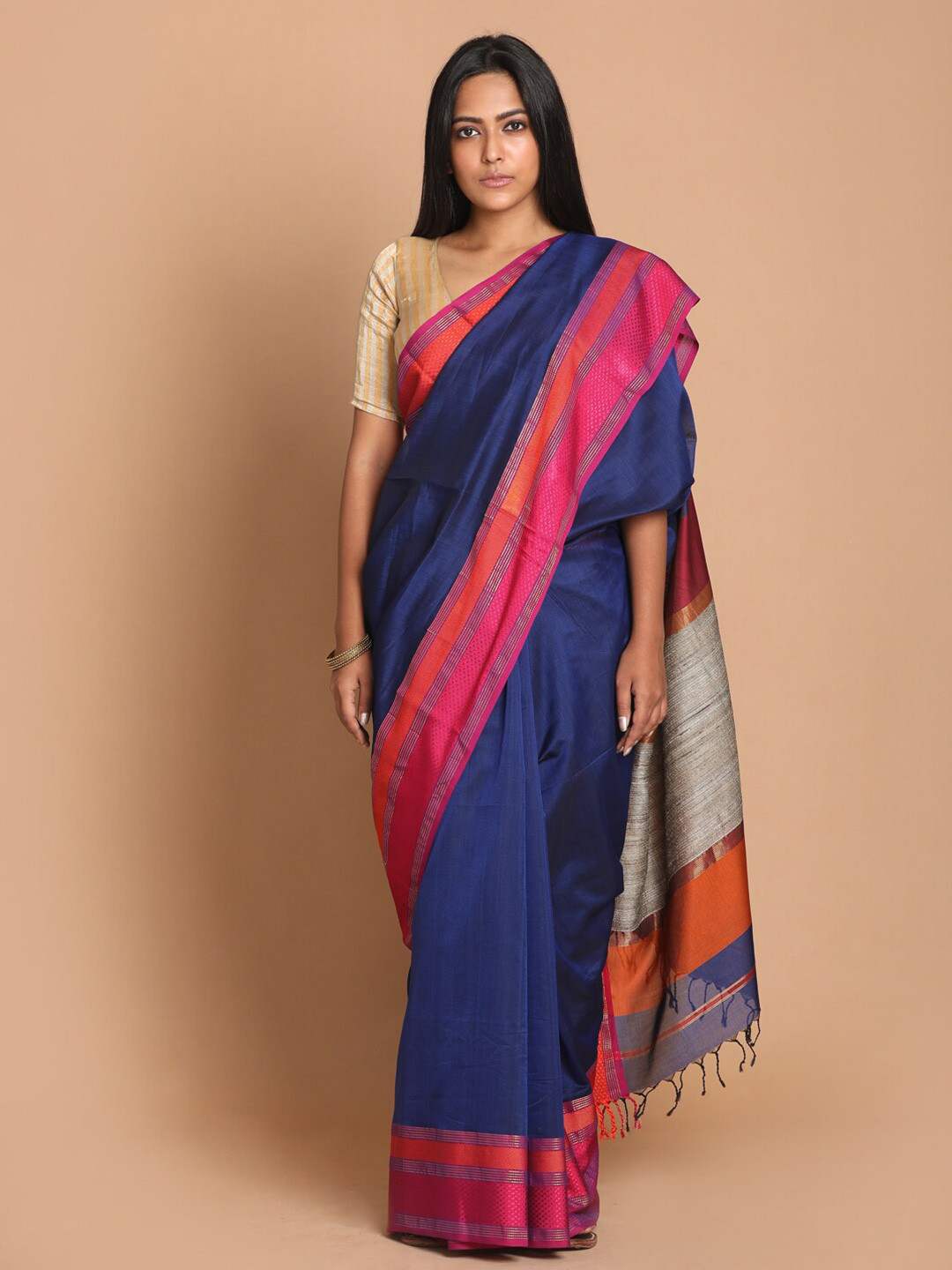 Indethnic Navy Blue & Pink Colourblocked Zari Silk Cotton Maheshwari Saree