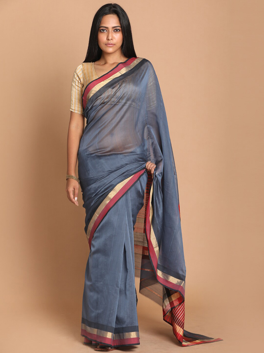 Indethnic Grey Solid Maheshwari  Silk Cotton Saree