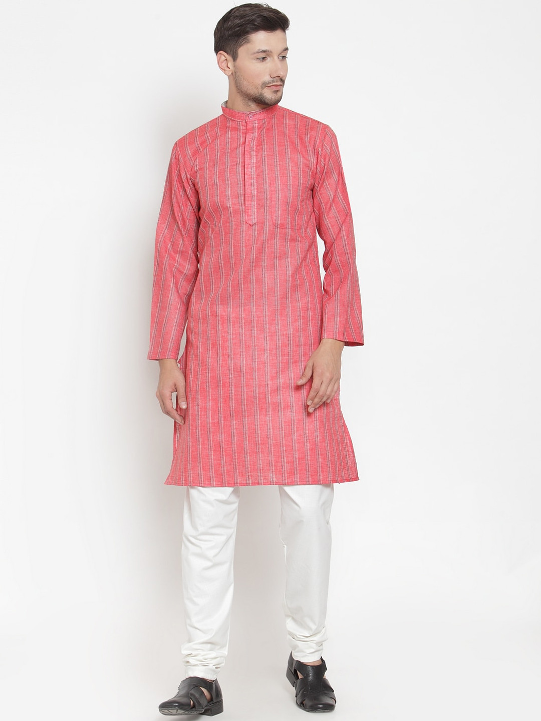 KLOTTHE Men Peach-Coloured & White Striped Regular Pure Cotton Kurta with Pyjamas