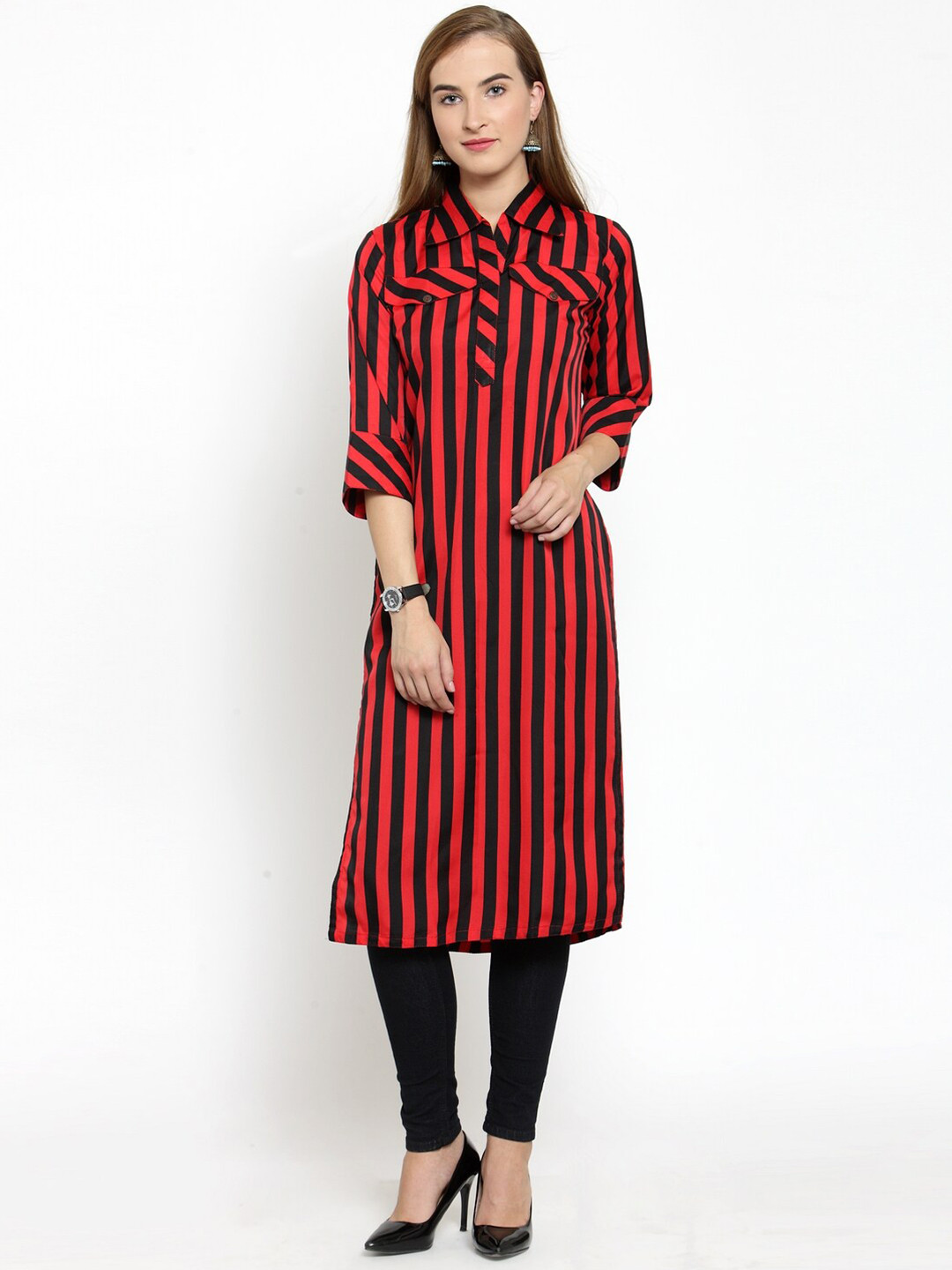 Enchanted Drapes Women Red & Black Striped Pathani Kurta