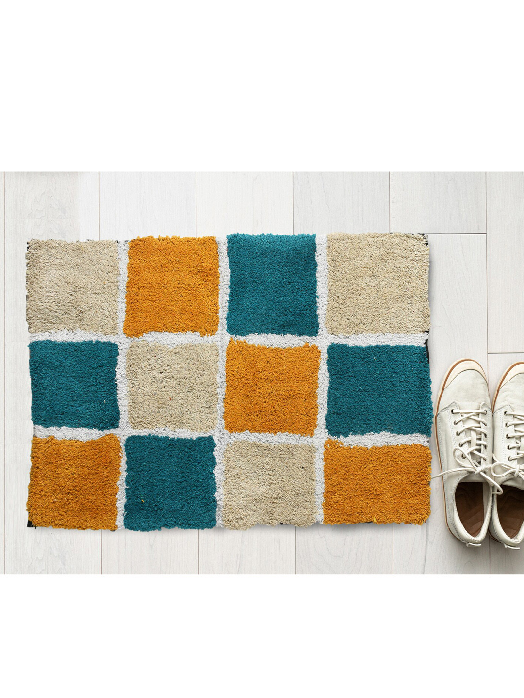 AAZEEM Yellow & Teal Cotton Anti Skid Rectangle Doormat