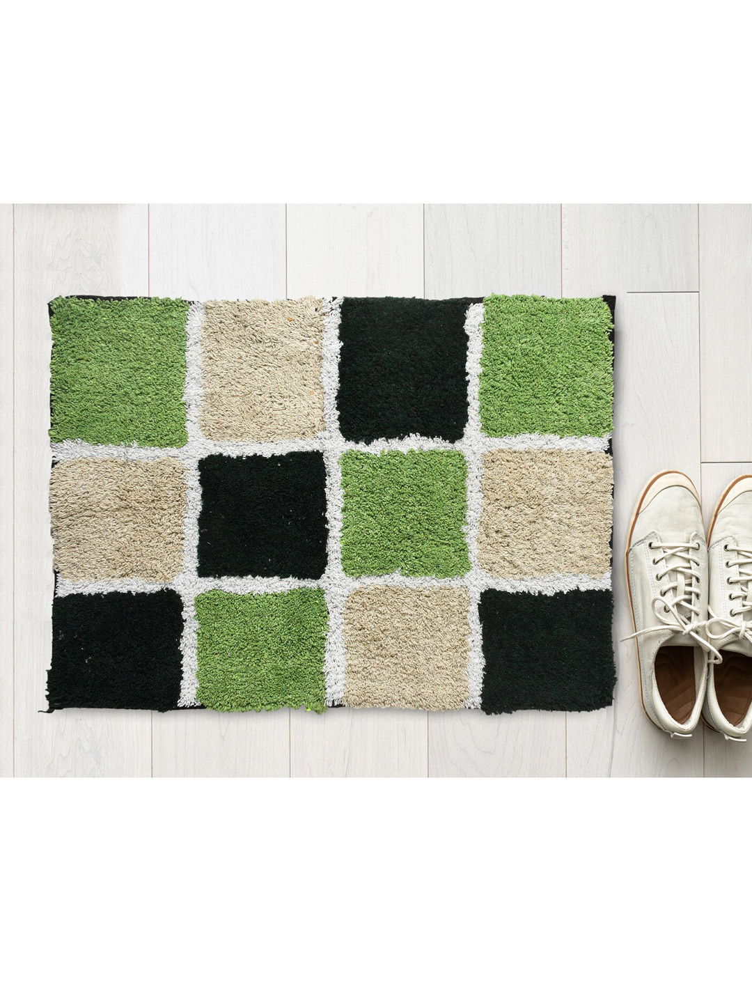 AAZEEM Green & Black Cotton Anti Skid Rectangle Doormat