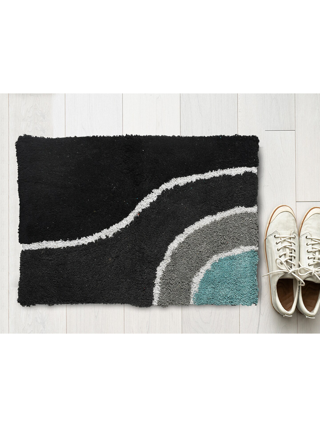 AAZEEM Black & White 3 Pieces Cotton Anti Skid Rectangle Doormats