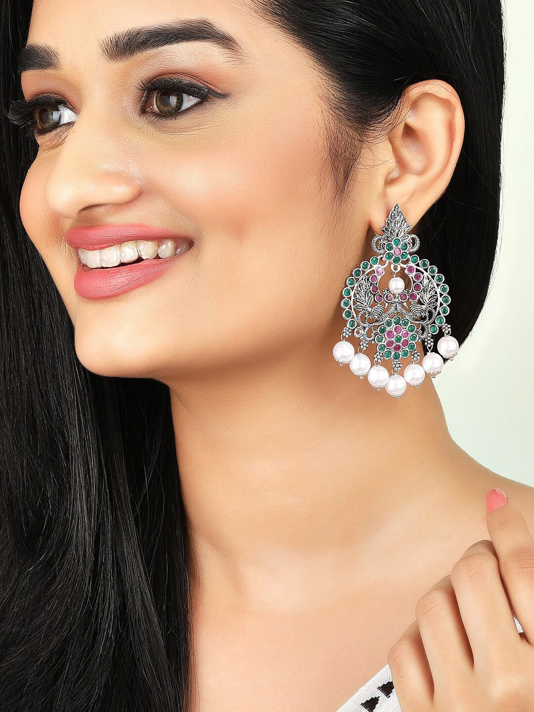 Rubans Oxidised Silver-Plated Turquoise Blue & Purple Stone Pearl Chandbali Earrings