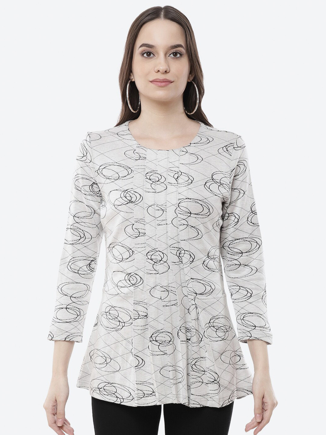 Kurti's by Menka Grey Printed Longline Pleated Top