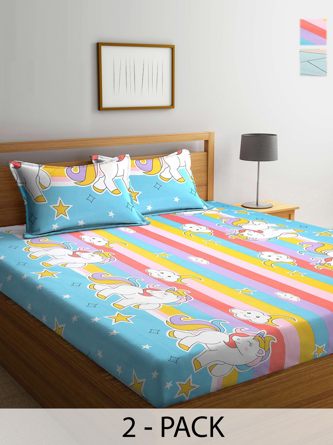 KLOTTHE Blue Cartoon Characters Polycotton 300 TC King Fine 2 Bedsheet with 4 Pillow Covers-98 x 87 inches