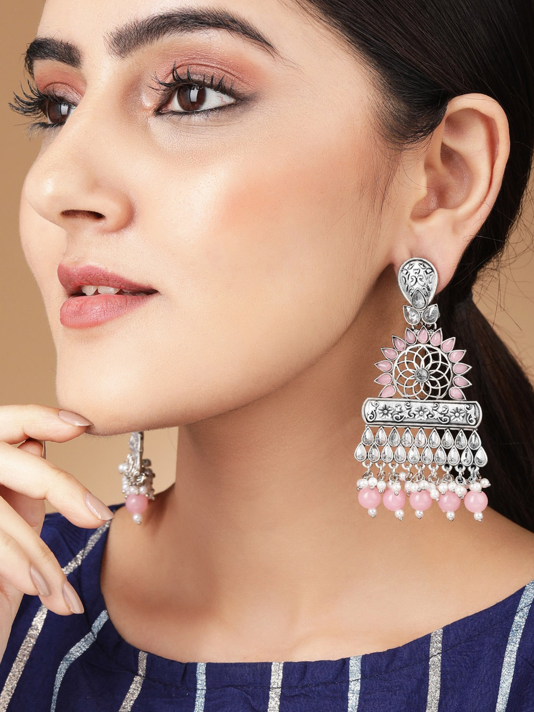 Rubans Silver Plated Pastel Pink Stone Studded & Beaded  Contemporary Long Drop Earrings