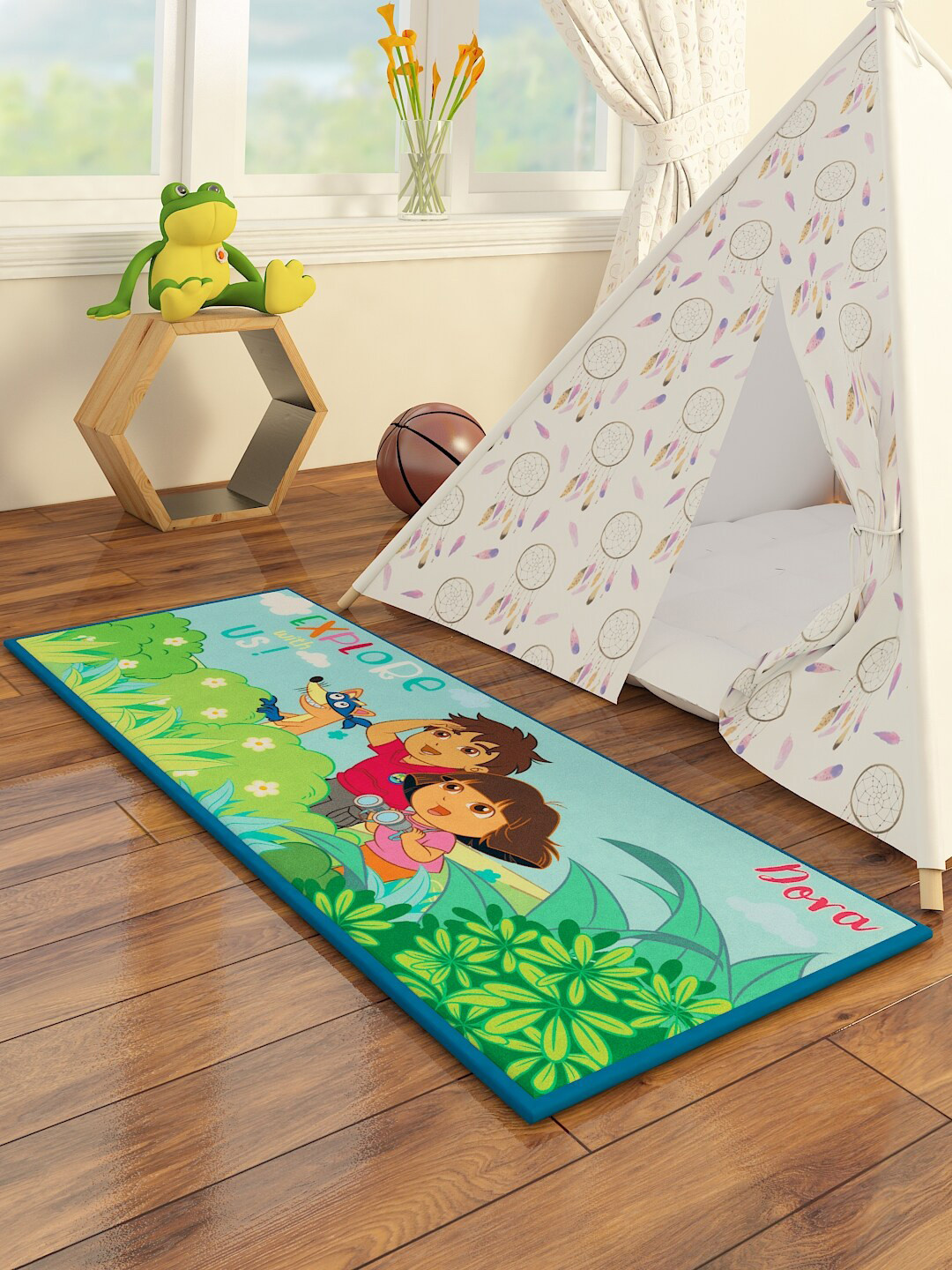 Athom Trendz Kids Green & Blue Cartoon Characters Printed Floor Runner