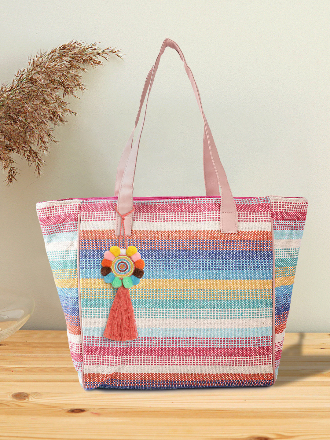 Sangria Multicoloured Jacquard Woven Design Structured Shoulder Bag with Pom-Pom Tasselled