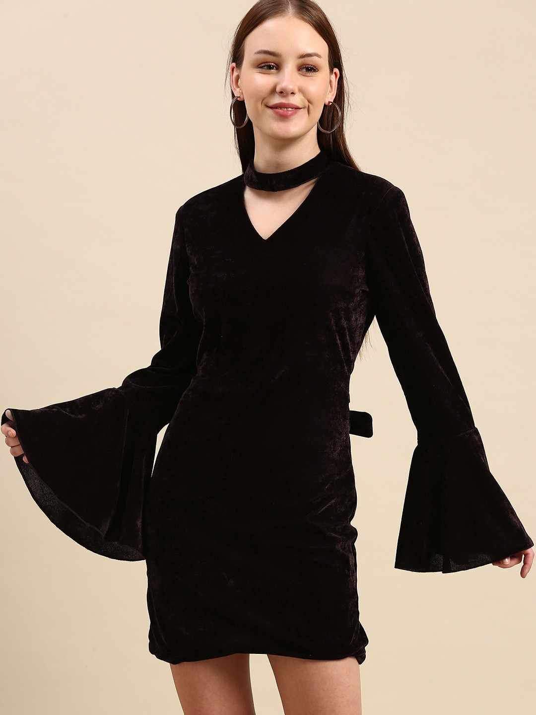 DODO & MOA Brown Solid Velvet Finish Bodycon Mini Dress