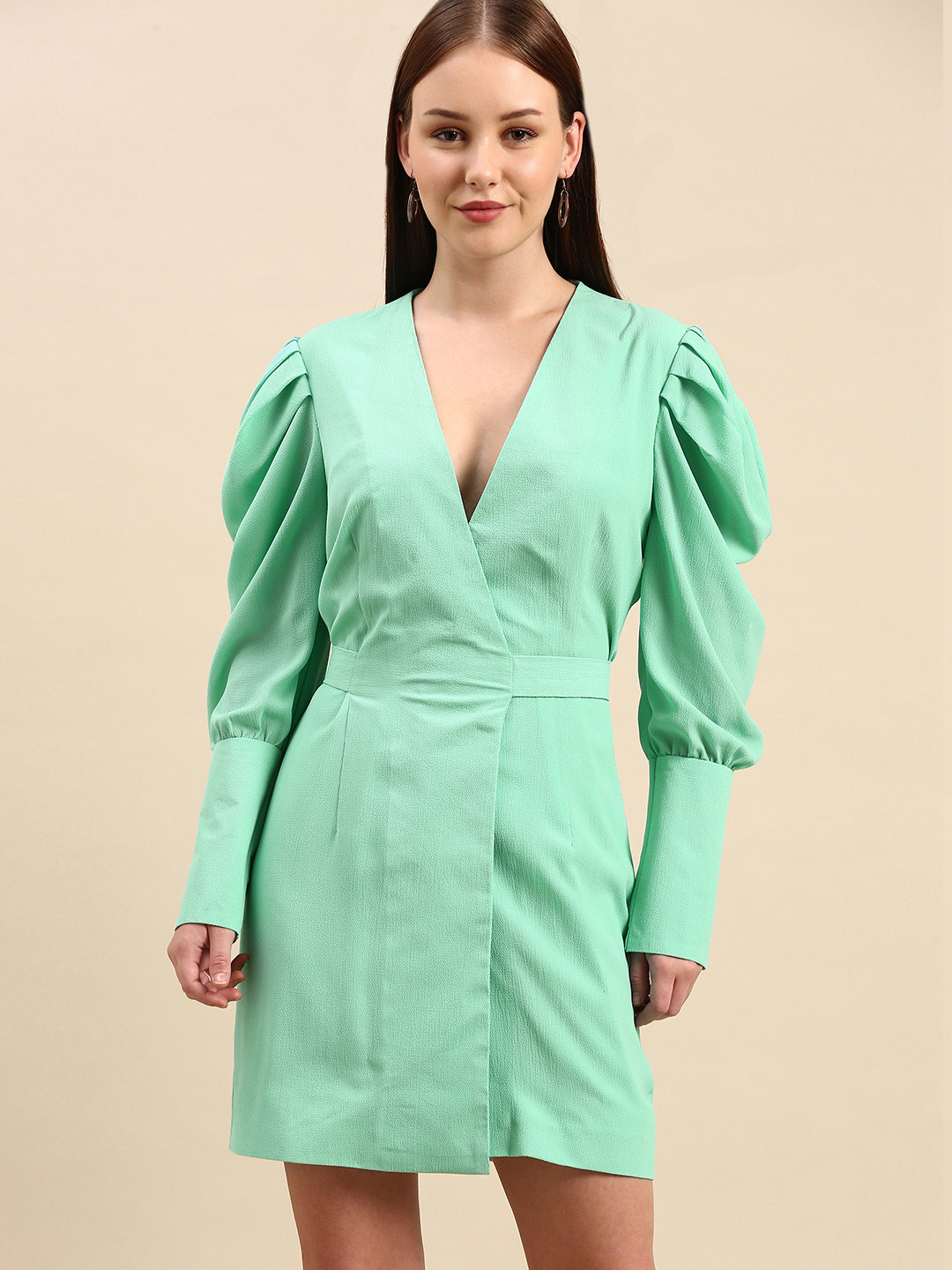DODO & MOA Sea Green Solid Bishop Sleeves Crepe Mini Blazer Dress