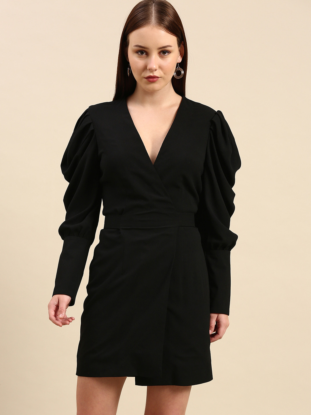 DODO & MOA Black Solid Bishop Sleeves Crepe Mini Blazer Dress