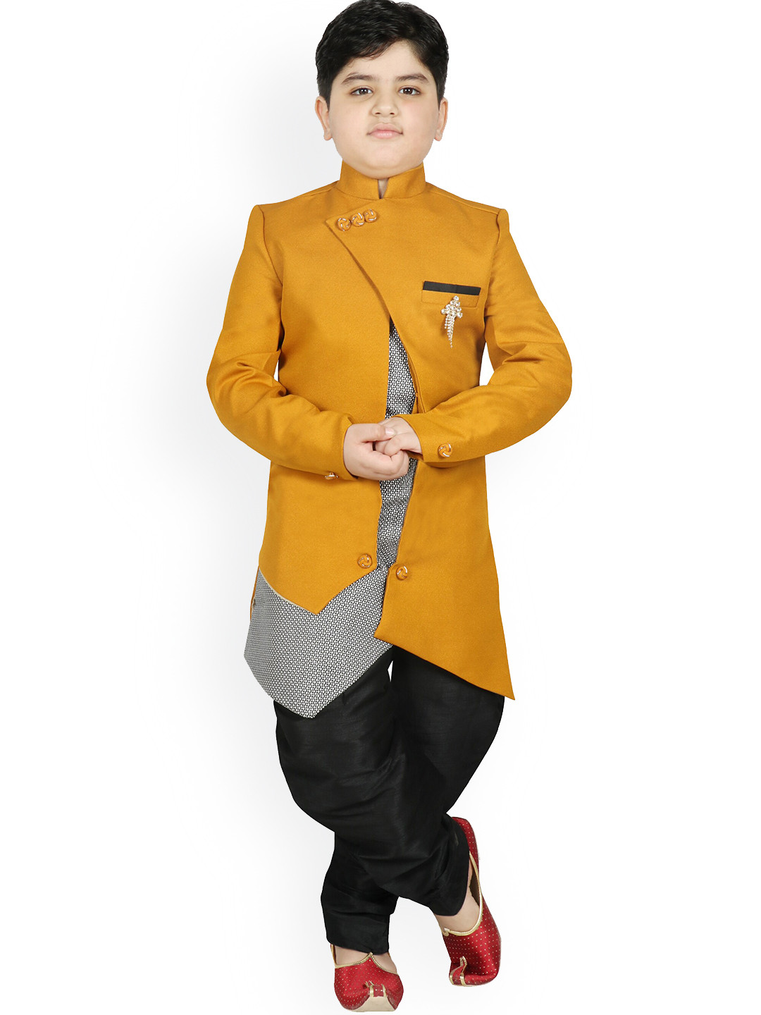 SG YUVRAJ Boys Mustard & Black Solid Sherwani Set