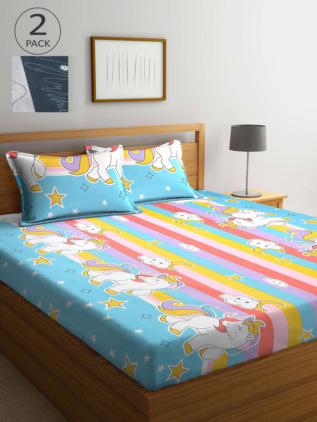 KLOTTHE Blue Cartoon Characters Cotton 300 TC Double Fine 2 Bedsheet with 4 Pillow Covers-98 x 87 inches