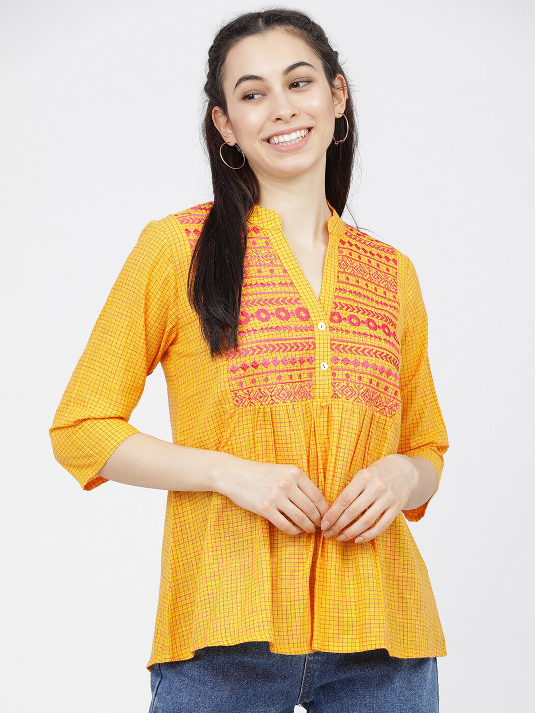 Vishudh Yellow Mandarin Collar A-Line Top