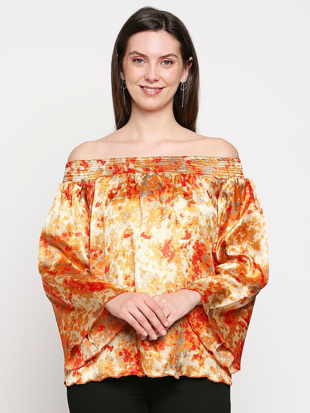 aaliya Orange & Yellow Off-Shoulder Printed Satin Bardot Top