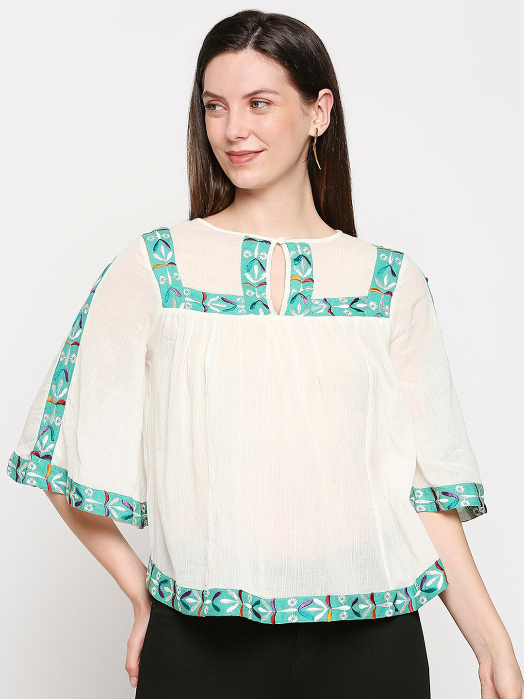 aaliya White & Green Embroidered Chiffon A-Line Top
