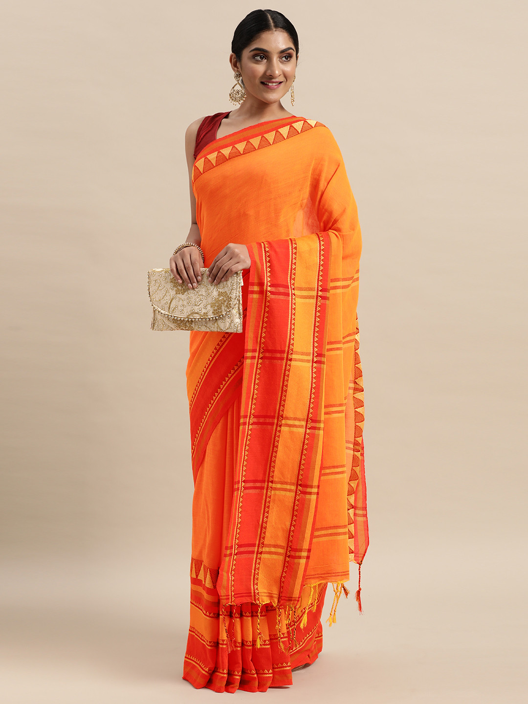 Mitera Orange & Red Striped Handloom Pure Cotton  Saree