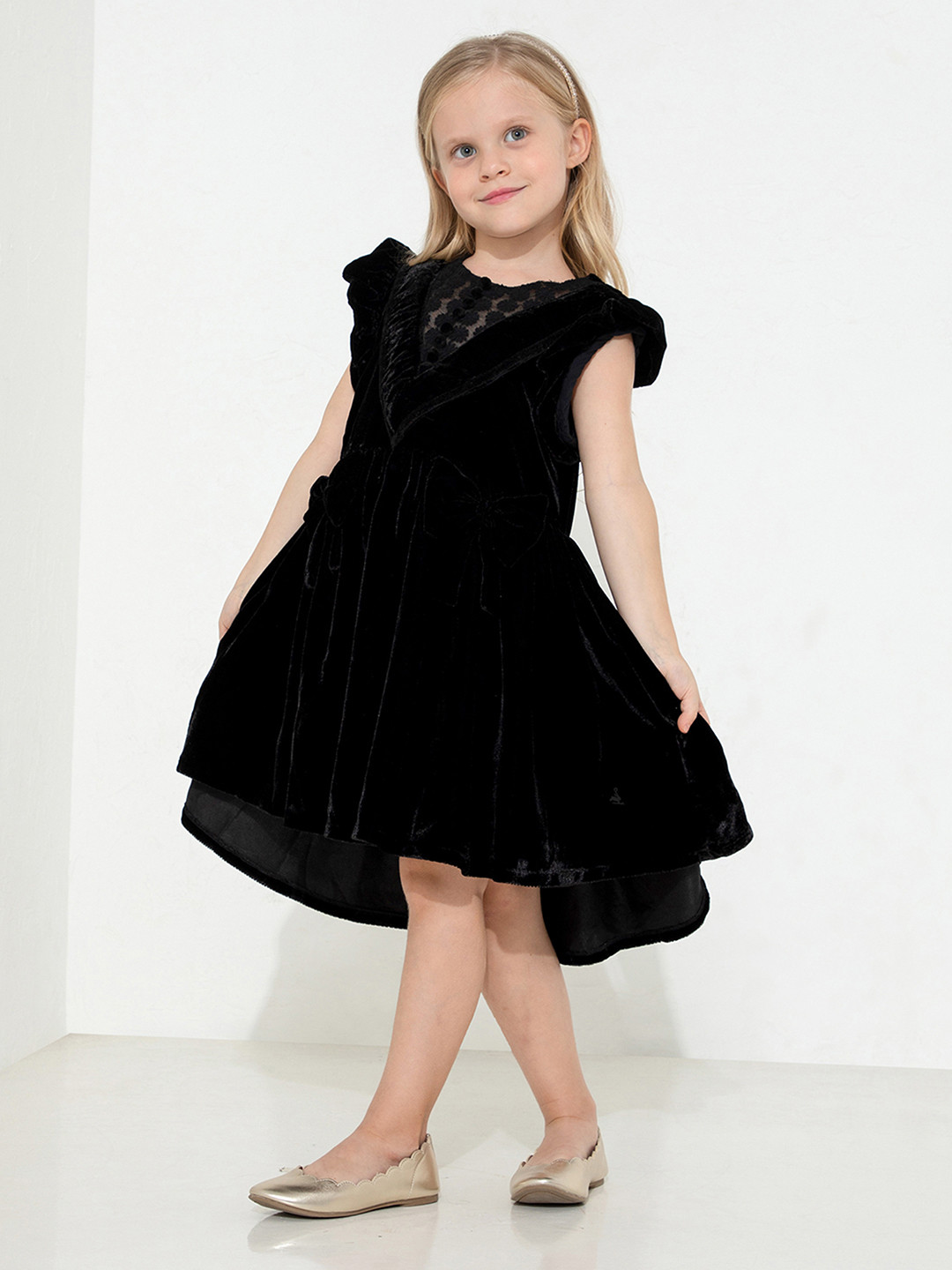 Cherry Crumble Girls Black Solid Velvet Cosy Vintage Fit & Flare Dress