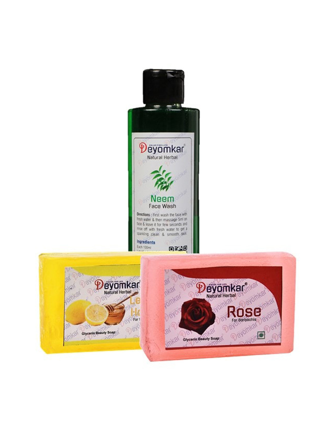 Deyomkar 3 Pcs Herbal Neem Face Wash with Rose & Lemon Honey Soap
