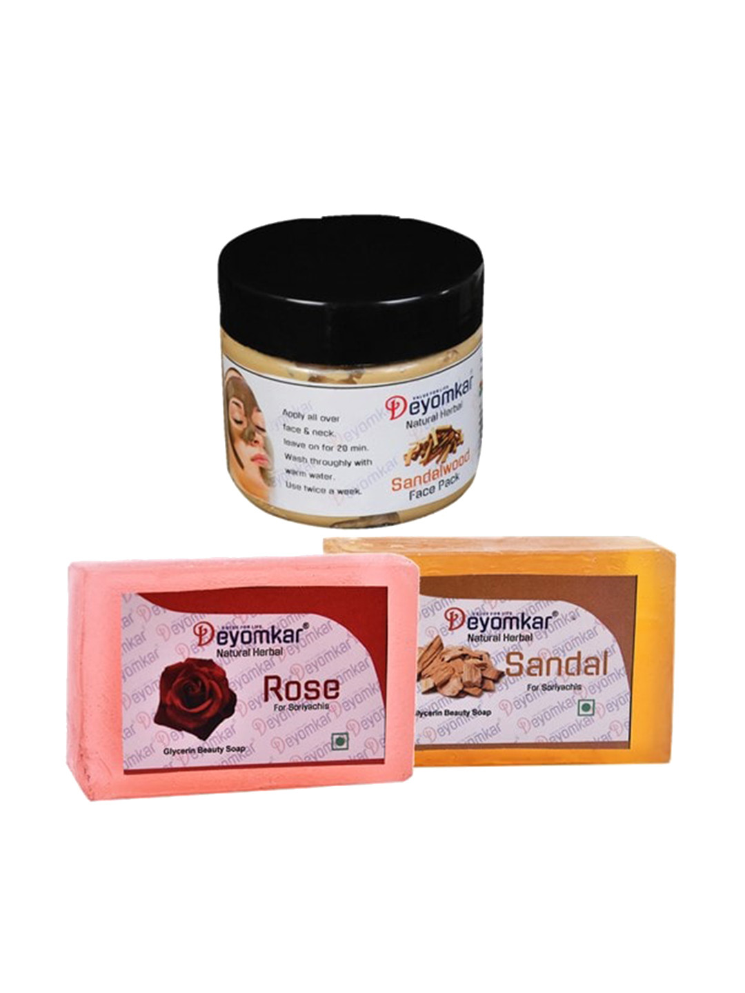 Deyomkar 3 Pcs Sandalwood & Rose Soap with Herbal Sandalwood Face Pack