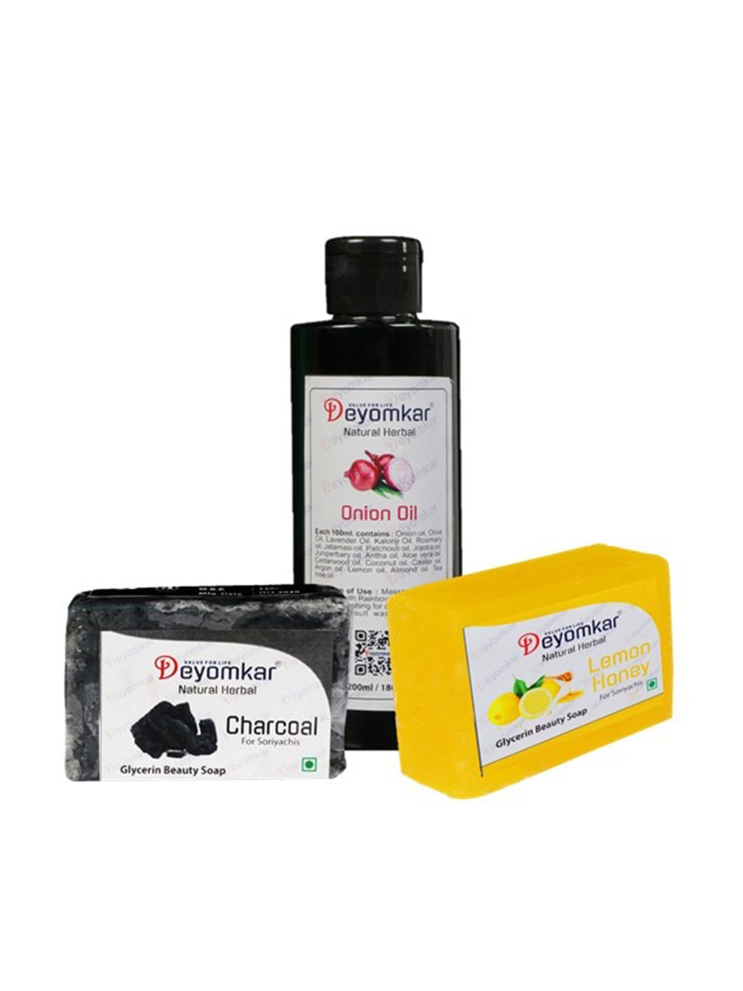 Deyomkar Set of 3 Herbal Onion Oil with Lemon Honey Soap and Charcoal soap