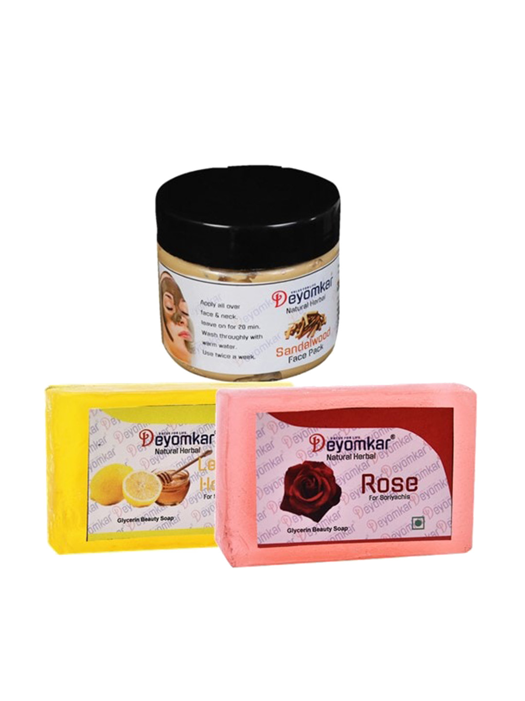 Deyomkar Set of 3 Herbal Sandalwood Face Pack with Rose Soap And Lemon Honey Soap