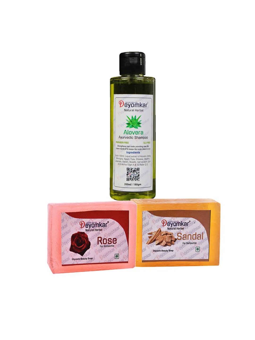 Deyomkar 3 Pcs Herbal Alovera Shampoo with Sandalwood Soap & Rose Soap