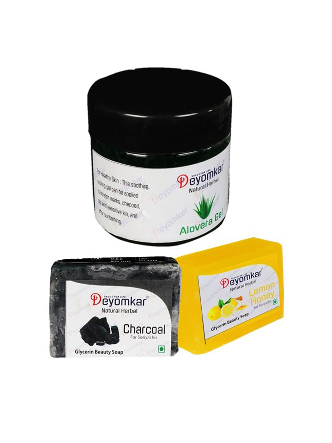 Deyomkar 3 Pcs Herbal Alovera Gel with Lemon Honey & Charcoal soap
