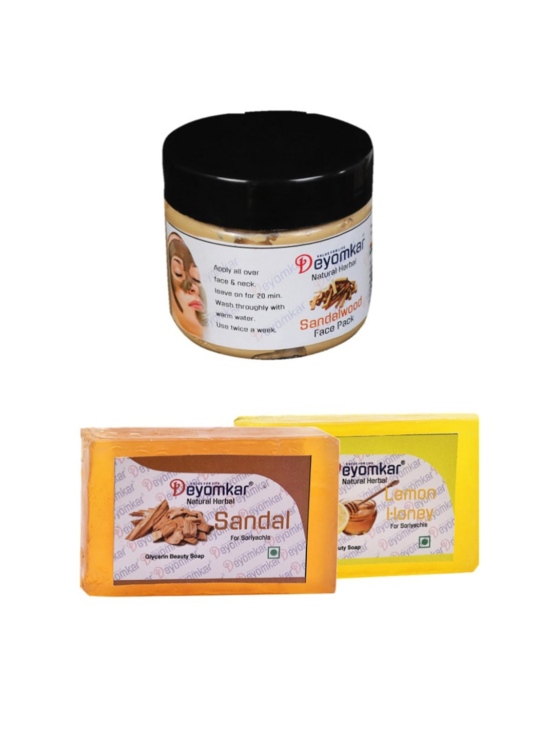 Deyomkar 3 Pcs Herbal Sandalwood Face Pack with Sandalwood & Lemon Honey Soap