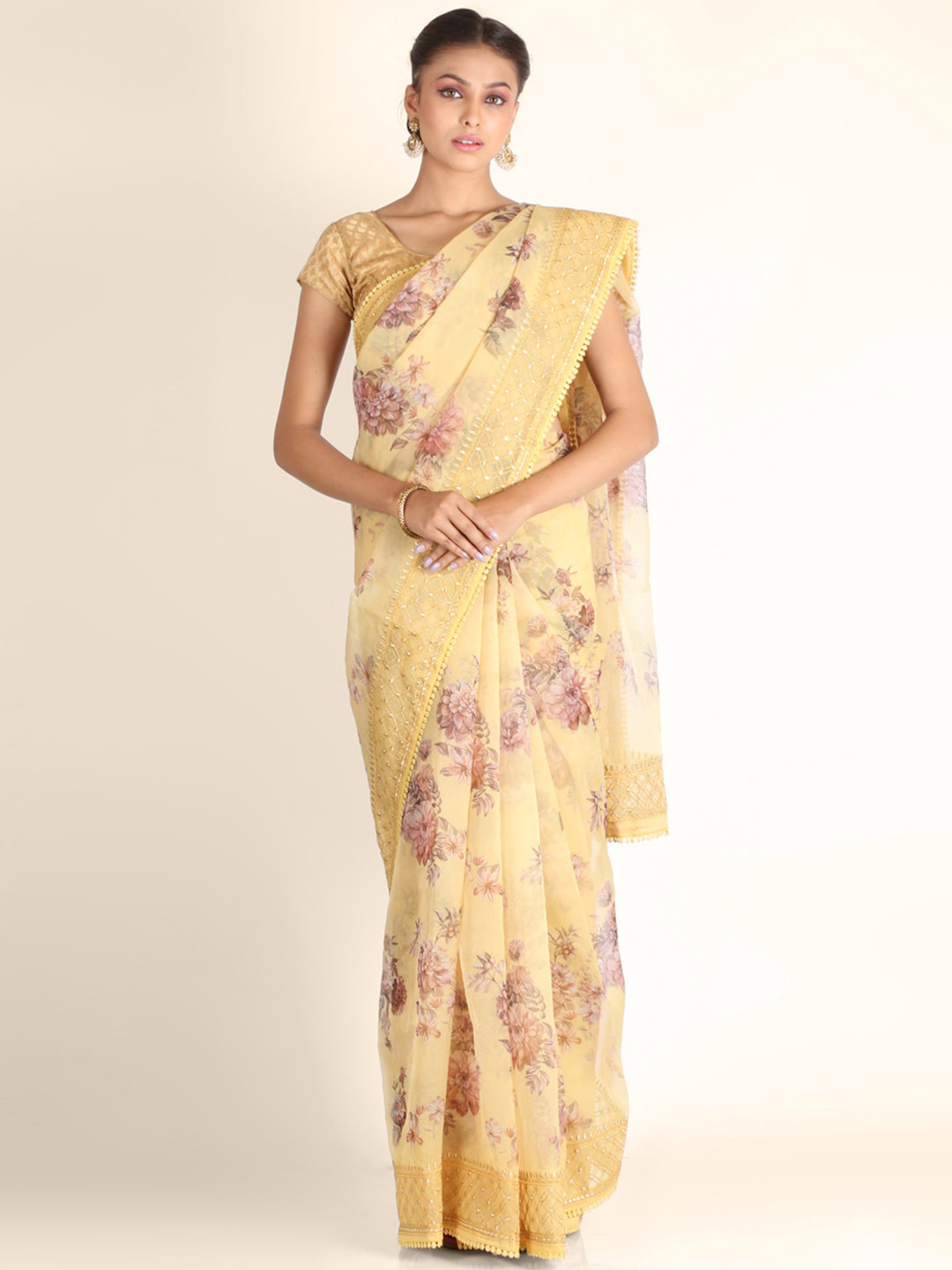 KAJREE Yellow & Purple Floral Beads and Stones Organza Block Print Saree