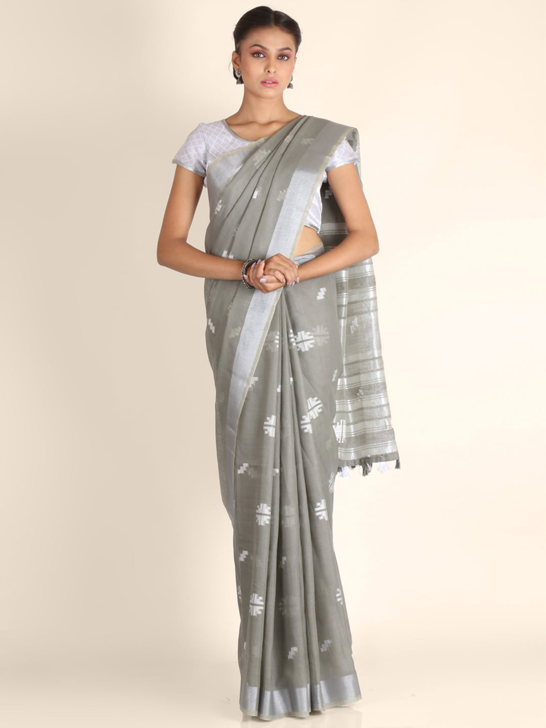 KAJREE Grey & White Floral Printed Zari Pure Linen Khadi Saree